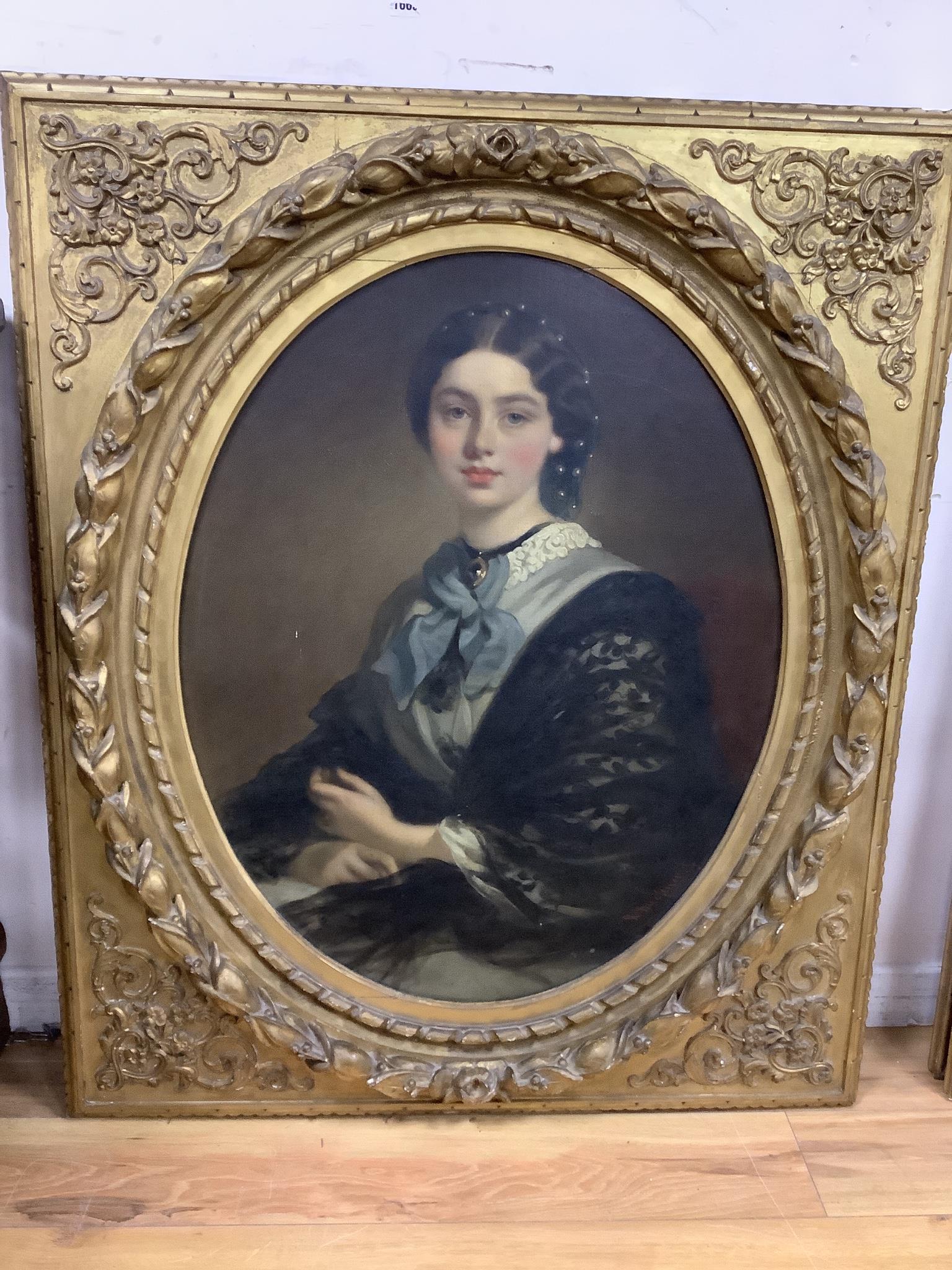 Richard Buckner (1812-1893), oil on canvas, oval portrait of Mrs Beauclerk, 86 x 67cm, in a good Victorian giltwood and composition frame bearing old labels